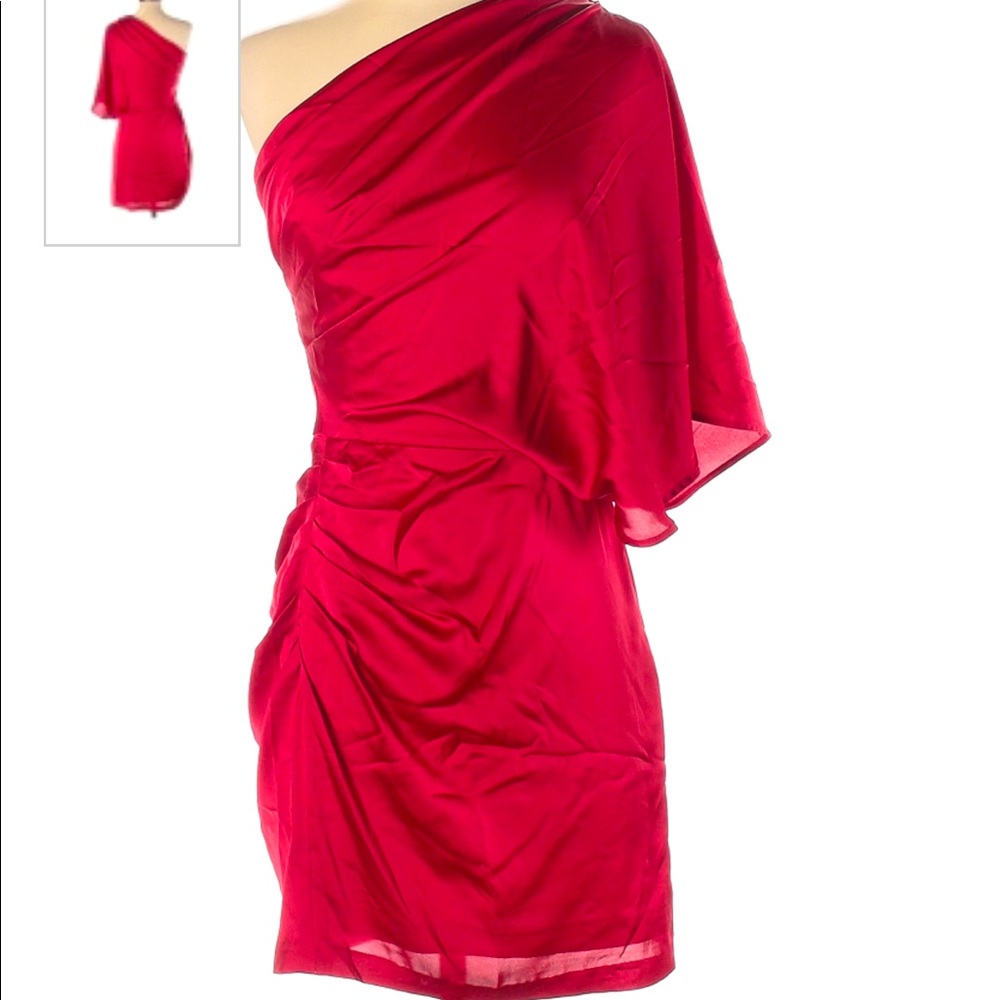 Cache red one shoulder cocktail party holiday dress.